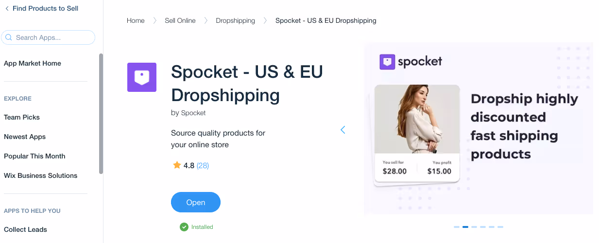 Wix Dropshipping App Spocket