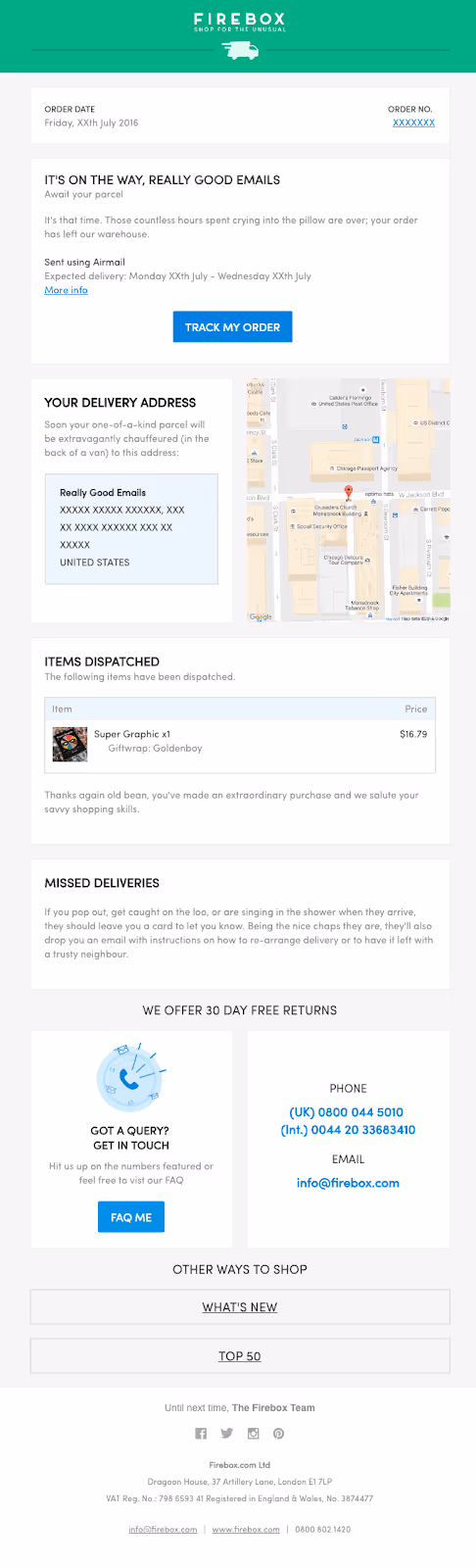 Firebox's shipping confirmation sent to the customer