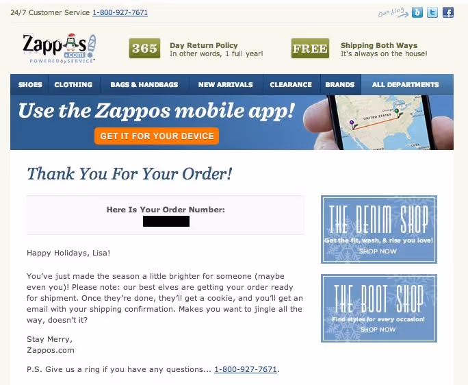 Zappos' thank you message to customers post-order