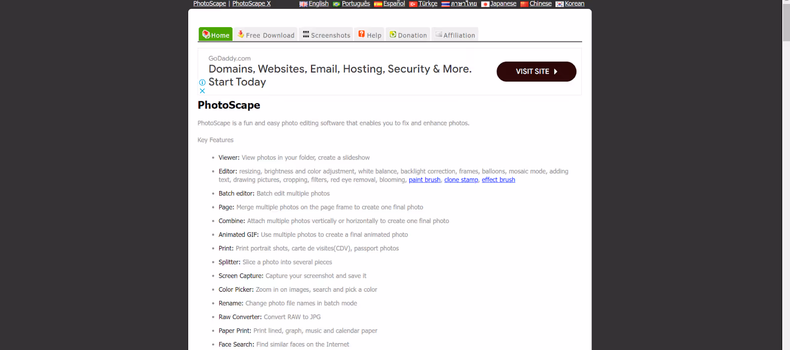 Capture d'écran du site Web PhotoScape