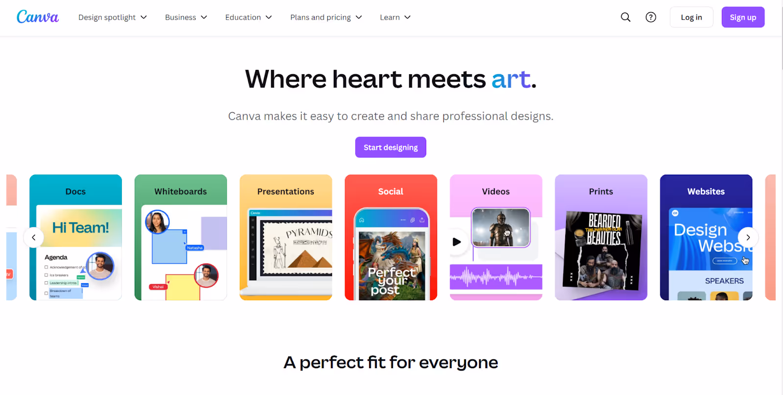 Capture d'écran de la page d'accueil de Canva