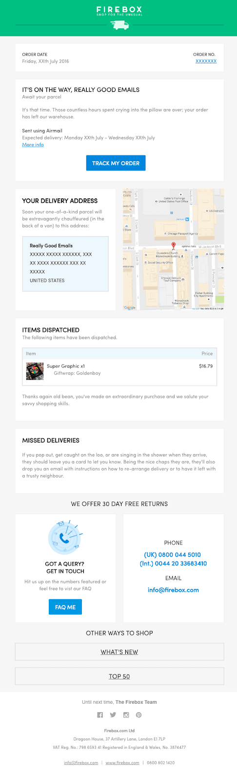 Firebox's shipping confirmation sent to the customer