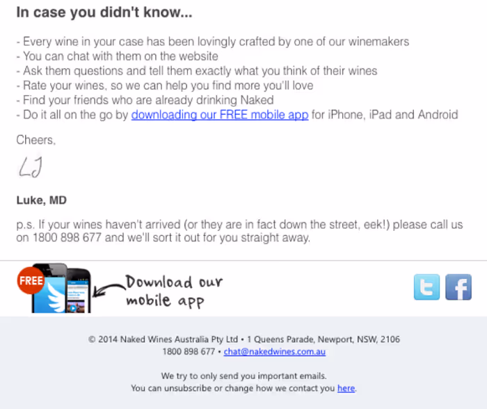Naked Wines' post-order email with bullet points reminding the customer why the product they bought is great