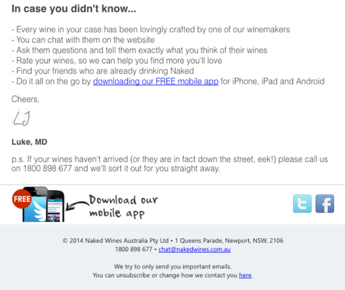 Naked Wines' post-order email with bullet points reminding the customer why the product they bought is great
