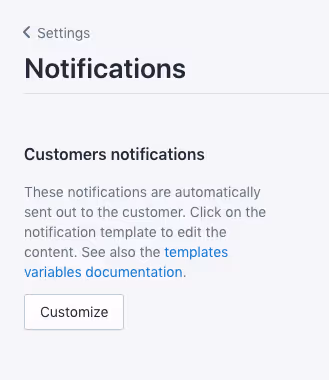 Shopify's shipping notifications tab where the messages to the customer can be customized