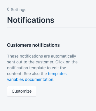 Shopify's shipping notifications tab where the messages to the customer can be customized