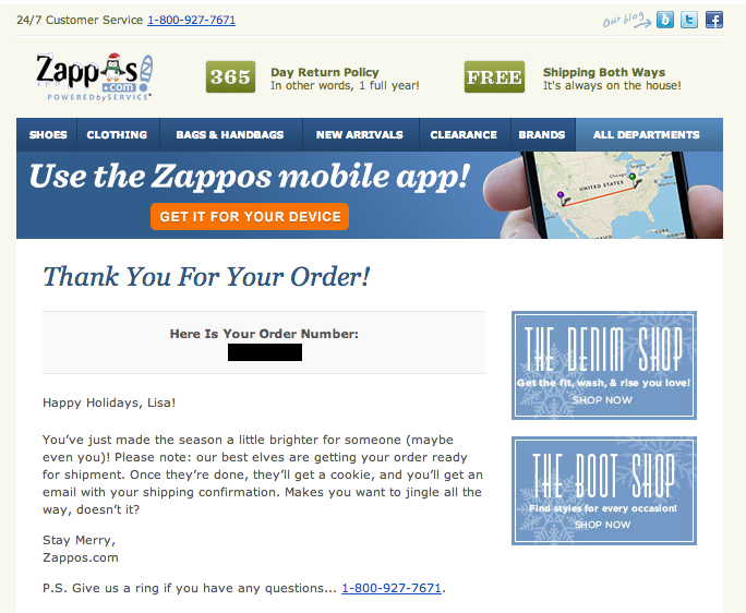 Zappos' thank you message to customers post-order