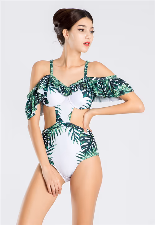 Green Leaves Off Shoulder Swimsuit