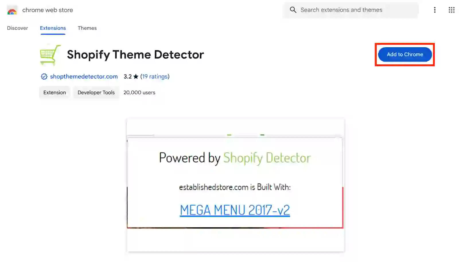 Estensione per il rilevamento dei temi Shopify