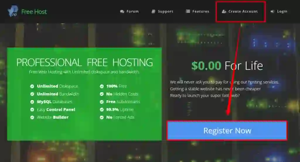 Registrati ora e crea un account di hosting gratuito con ProFreeHost.
