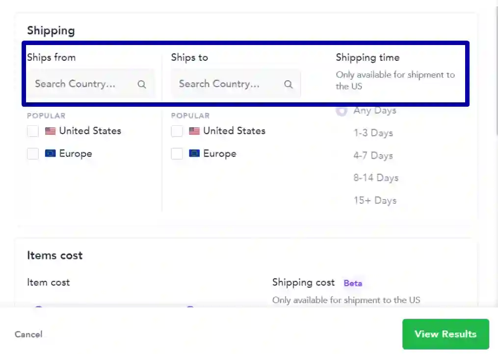 shipping location filters in Spocket app