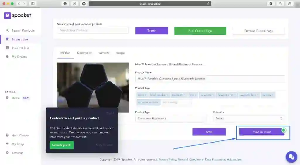 "Add to Import List" - Spocket dashboard in the app (customize and push products to store)