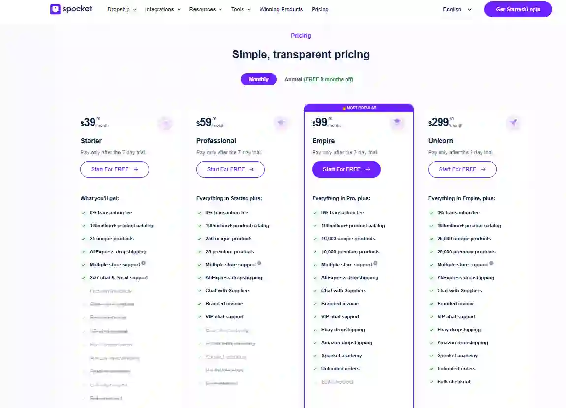 Spocket pricing plans