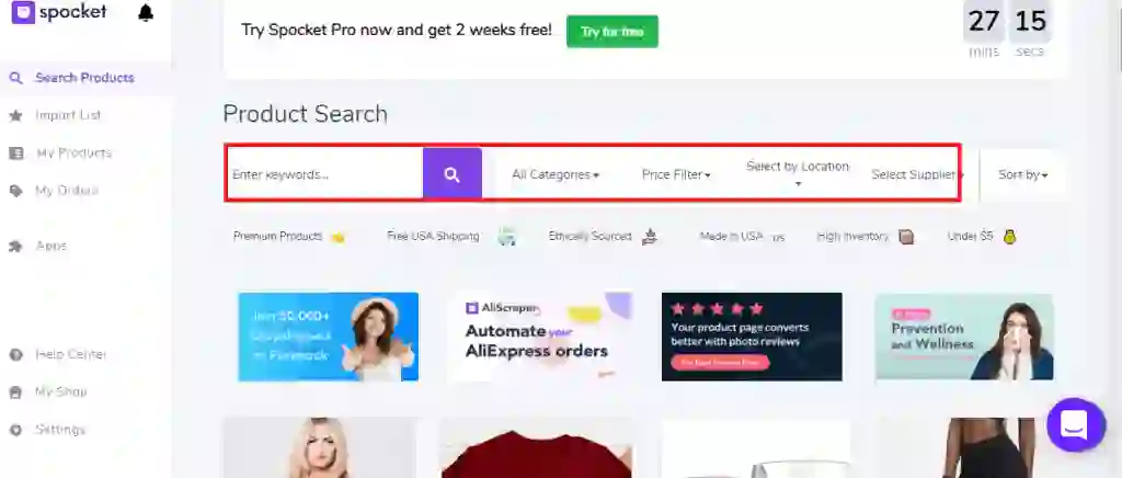 how to find products inside Spocket