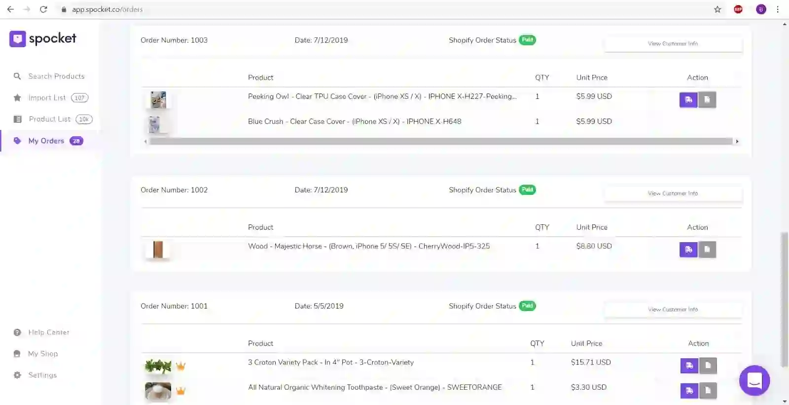 import products from Spocket
