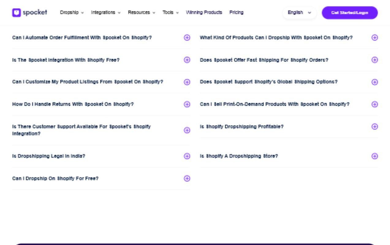 Screenshot: Spocket Shopify page FAQ section reflecting common search-intent questions.