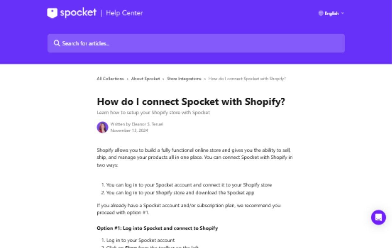 Screenshot: Spocket Help Center article explaining how to connect Spocket with Shopify.