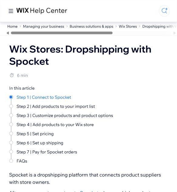 Wix Help Center article showing the Spocket setup steps for Wix Stores.