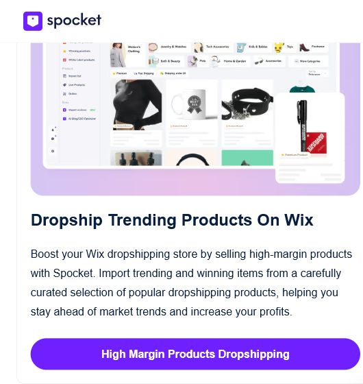 Spocket page section showing trending product discovery for Wix dropshipping stores.