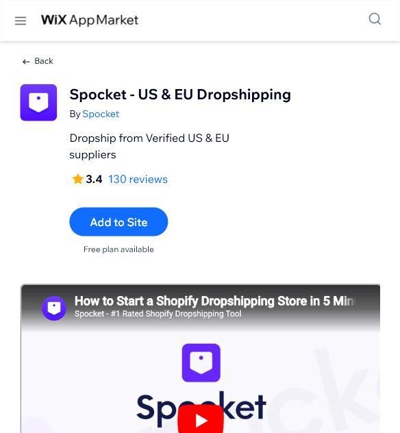 Wix App Market listing for Spocket showing the Add to Site button and free plan note.