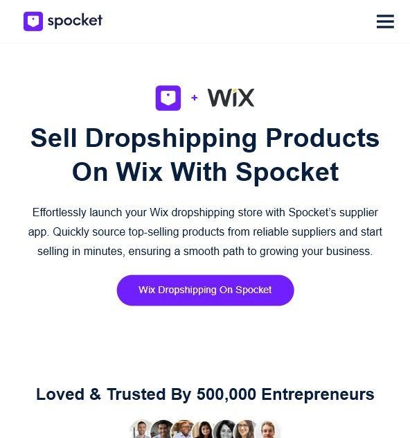 Spocket Wix integration page hero showing a call to sell dropshipping products on Wix with Spocket.