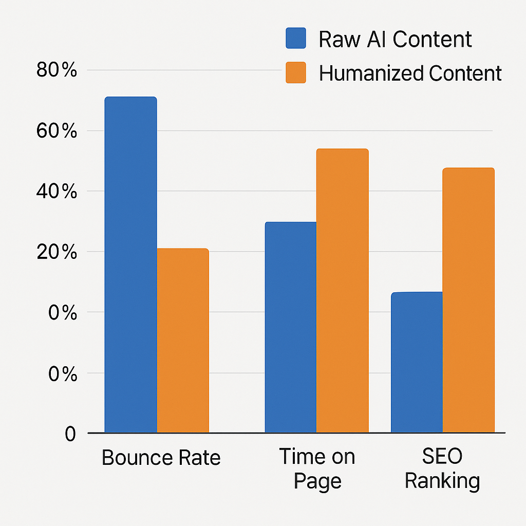 SEO metrics comparison of AI vs. humanized content.