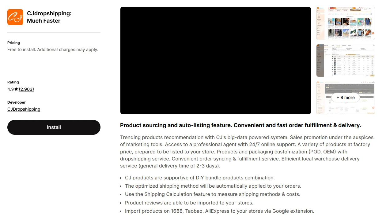 CJ Dropshipping Shopify app listing showing a 4.9 star rating from 2,903 reviews