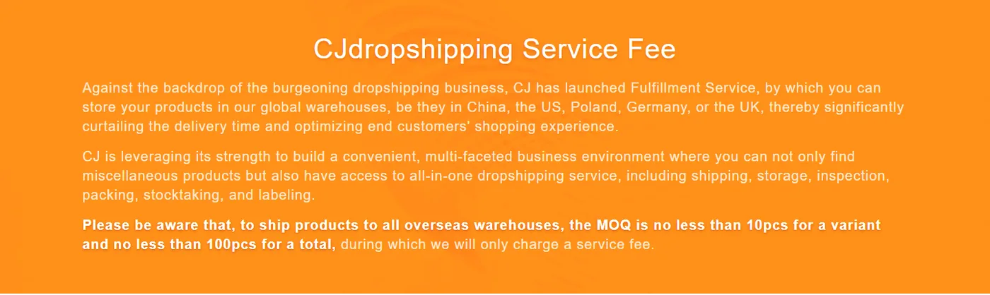CJ Dropshipping service fee page showing the overseas warehouse minimum order of 10 pieces per variant and 100 in total