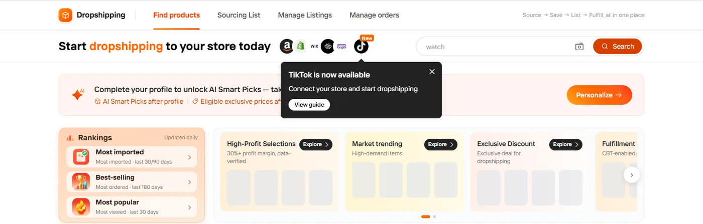 Alibaba dropshipping portal showing Find products, Sourcing List, Manage Listings and Manage orders tabs with store integrations