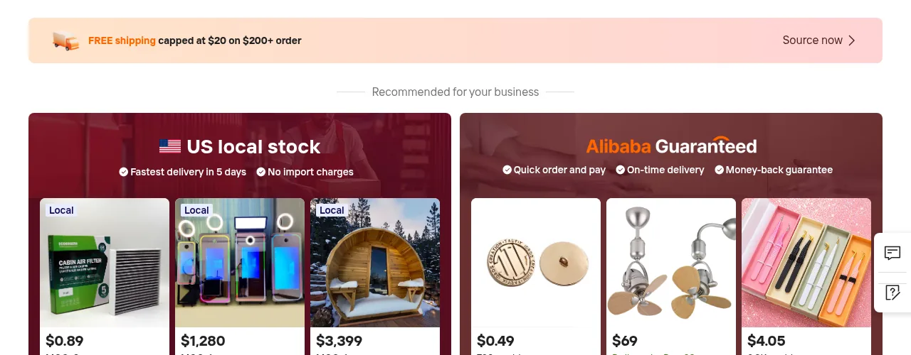 Alibaba.com US local stock and Alibaba Guaranteed sections for faster Alibaba dropshipping delivery