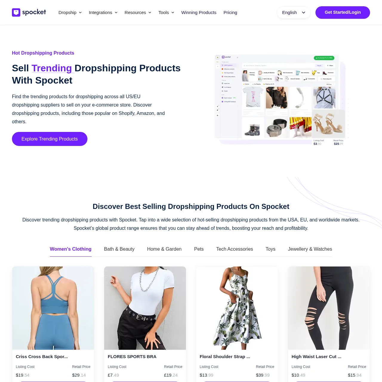 Spocket trending dropshipping products from US and EU suppliers with listing cost and retail price