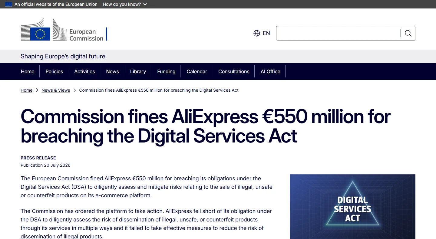 European Commission press release on the 550 million euro AliExpress Digital Services Act fine, relevant to whether AliExpress is legit
