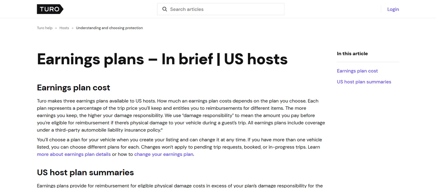 Turo help center page explaining US host earnings plans and host share percentages