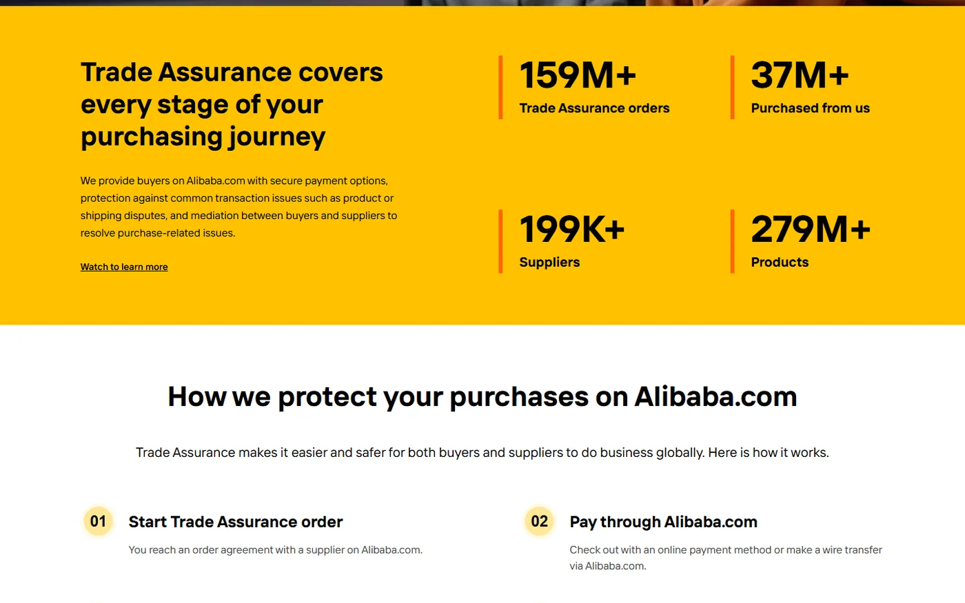 Alibaba Trade Assurance page showing how Alibaba protects buyer purchases, with order and supplier statistics