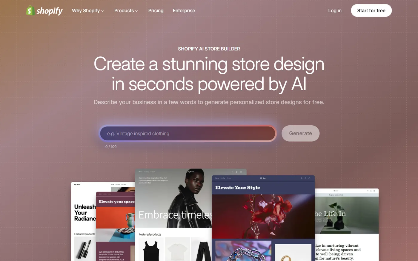 Shopify AI store builder generating a store design from a short business description