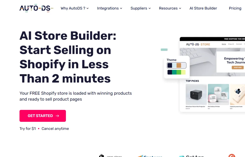AutoDS AI store builder page for creating a Shopify dropshipping store