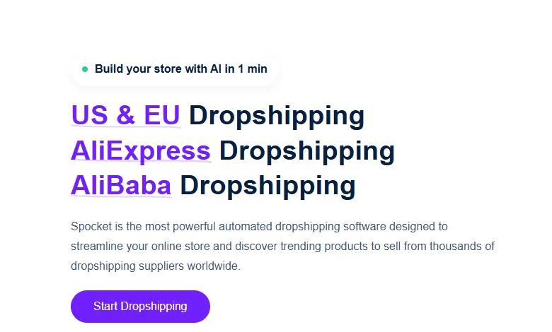Spocket homepage offering to build a dropshipping store with AI