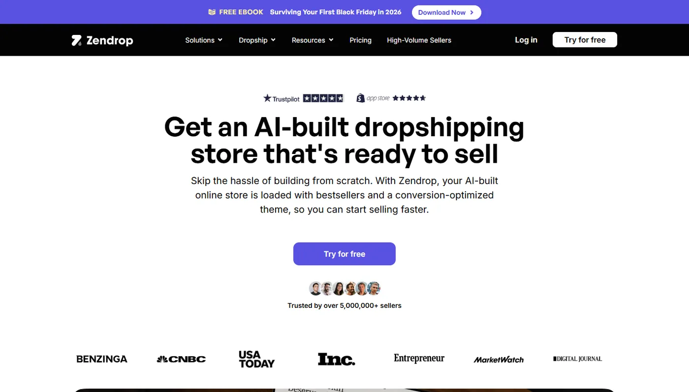 Zendrop AI-built dropshipping stores page