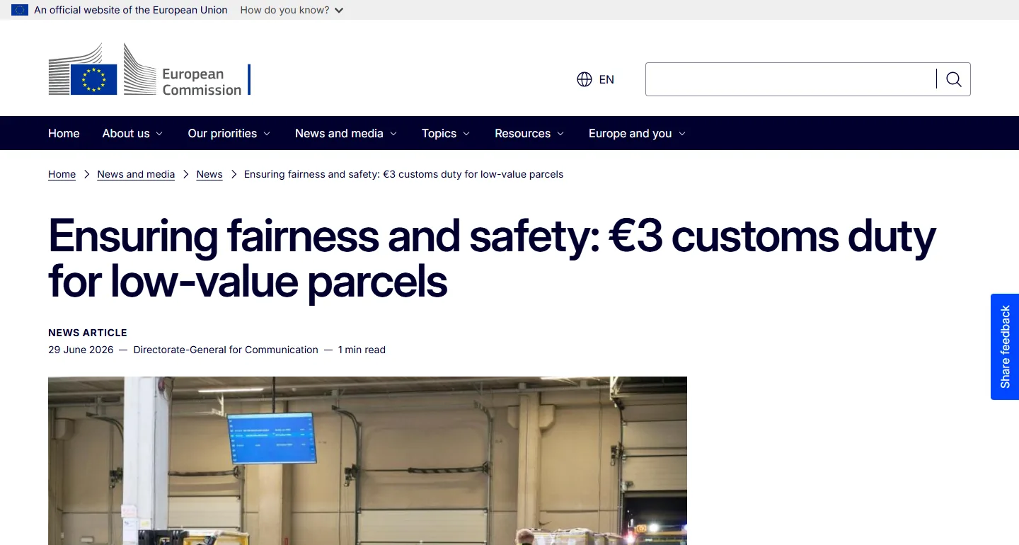 European Commission news on the 3 euro customs duty for low-value parcels from 1 July 2026, affecting AliExpress orders to the EU