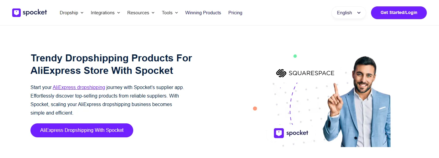 Spocket AliExpress dropshipping integration page for importing AliExpress products alongside US and EU suppliers