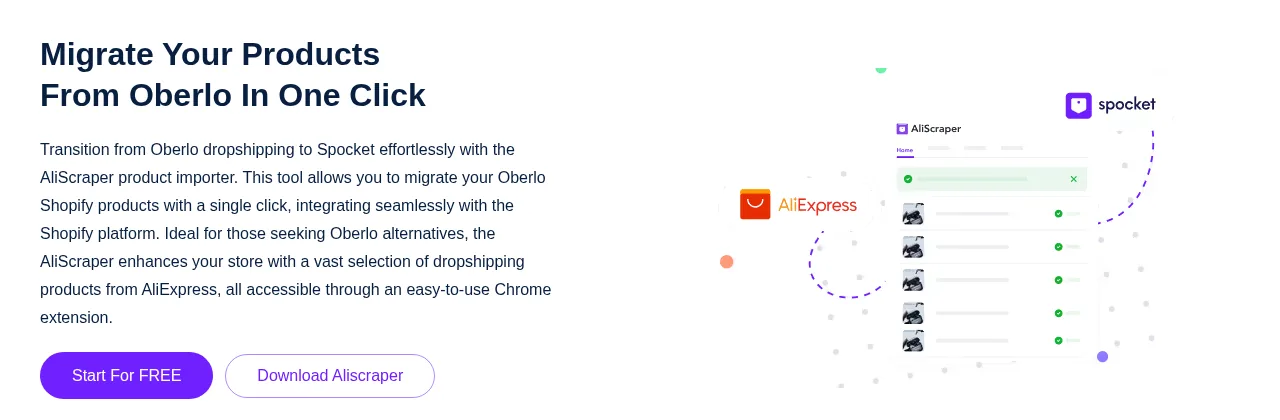 Spocket Oberlo migration tool page for moving Oberlo products to Spocket