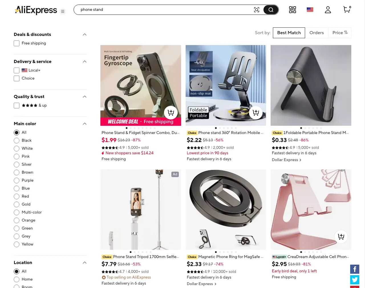 AliExpress search results for phone stand showing fixed prices, Choice and Local+ labels, ratings and delivery estimates