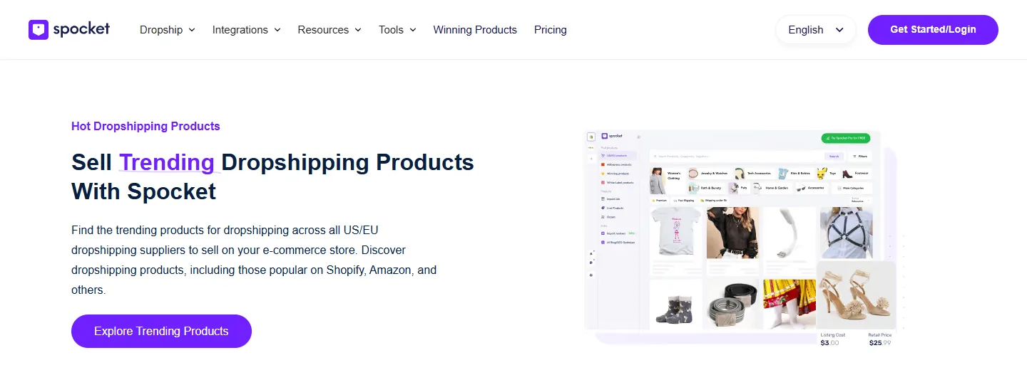 Spocket trending products page showing US and EU supplier products with listing cost and retail price