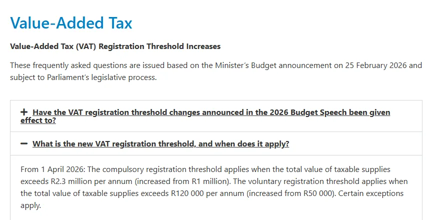 SARS Budget 2026 FAQ explaining the new South African VAT registration threshold of R2.3 million