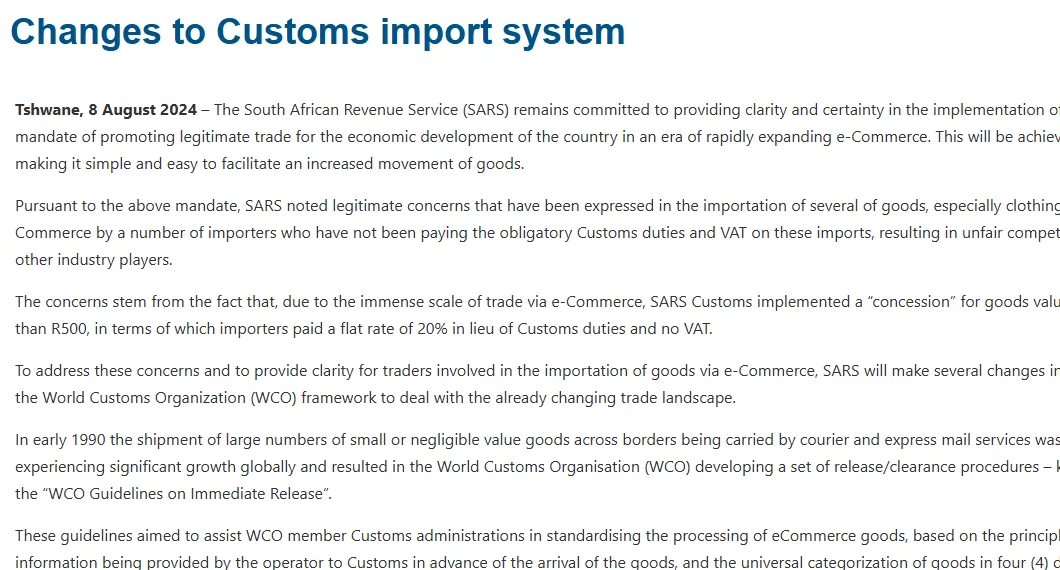SARS media release on changes to the South African customs import system for e-commerce parcels