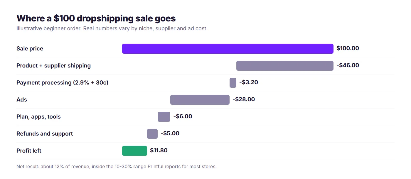 Waterfall showing a $100 dropshipping sale: $46 product and shipping, $3.20 payment fee, $28 ads, $6 plan and apps, $5 refunds, $11.80 profit left