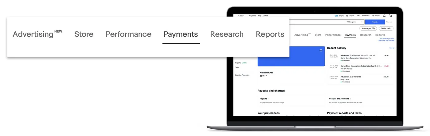 eBay Seller Hub Payments tab showing recent activity, available funds and payouts and charges