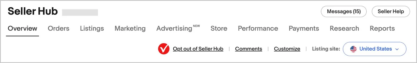 eBay Seller Hub navigation bar showing Overview, Orders, Listings, Marketing, Advertising, Store, Performance, Payments, Research and Reports tabs