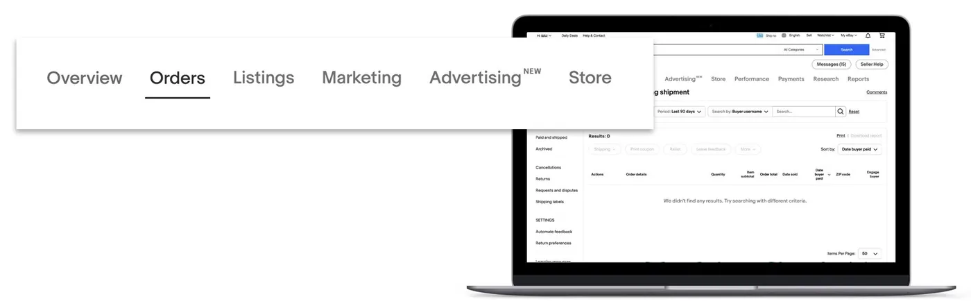 eBay Seller Hub Orders tab with filters for awaiting shipment, paid and shipped, cancellations and returns