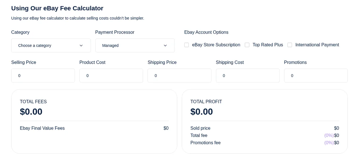 Spocket eBay fee calculator with category, selling price, product cost, shipping and promotions inputs and total profit output